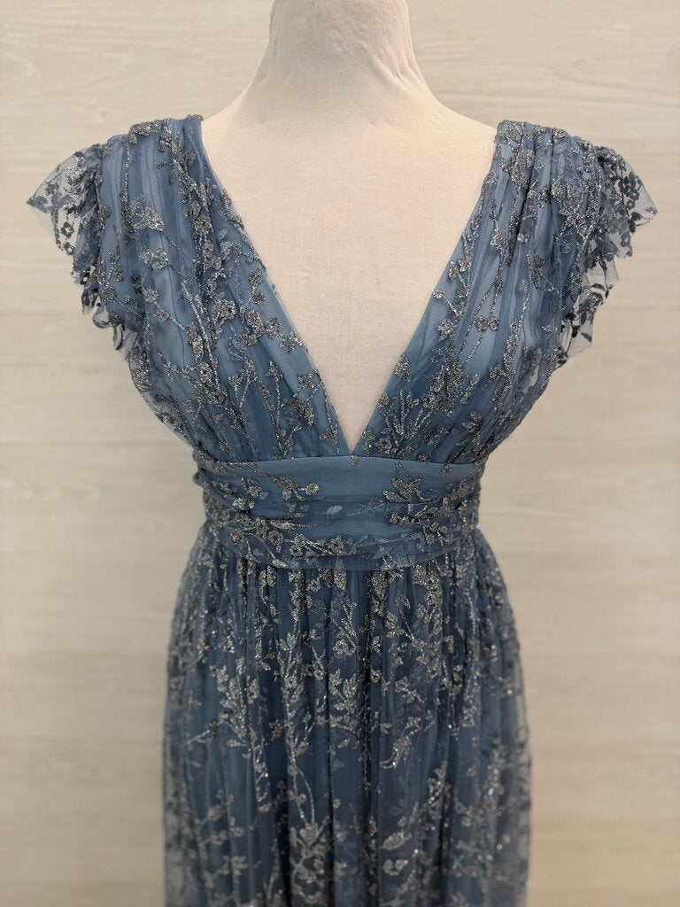 Soieblu Blue Sparkle Design Short Flutter Sleeve Long Formal Dress Large