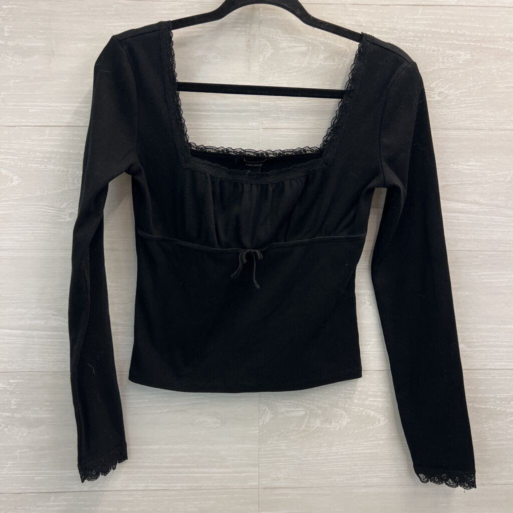 Forever 21 Black Ribbed Cropped Long Sleeve Top Medium