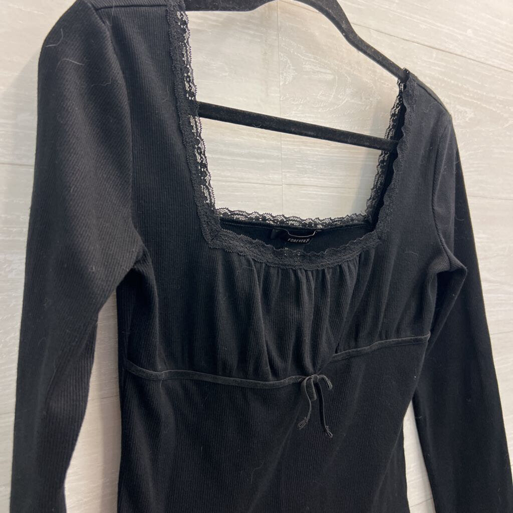 Forever 21 Black Ribbed Cropped Long Sleeve Top Medium
