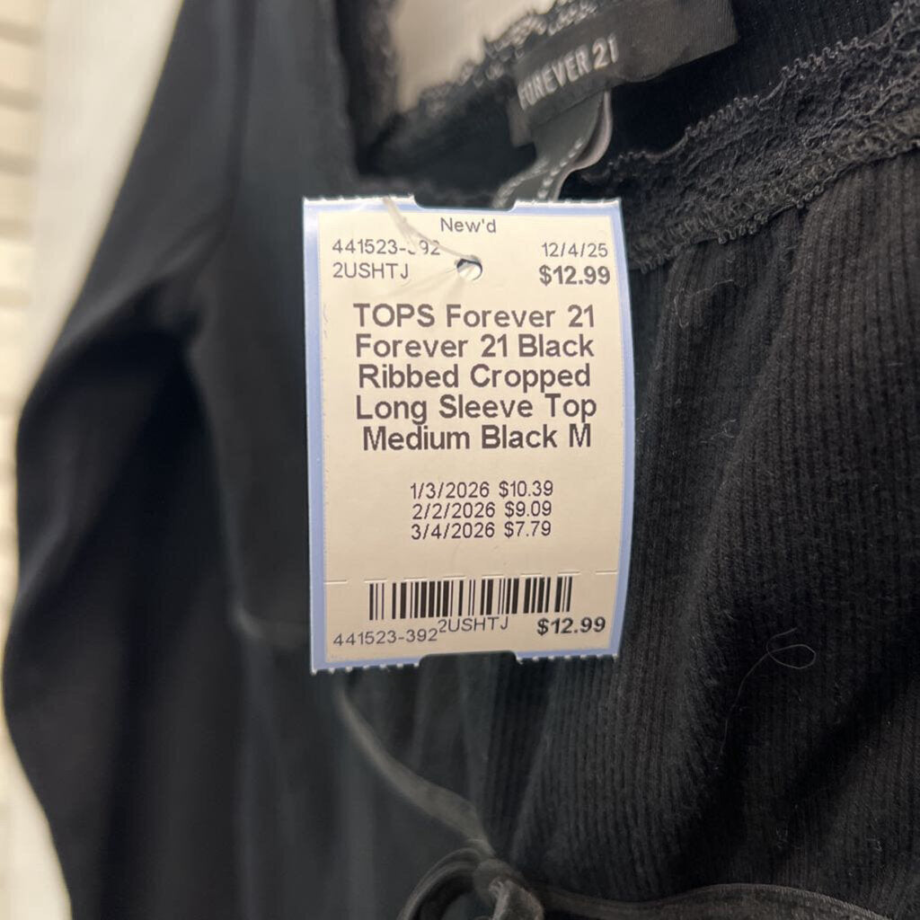 Forever 21 Black Ribbed Cropped Long Sleeve Top Medium