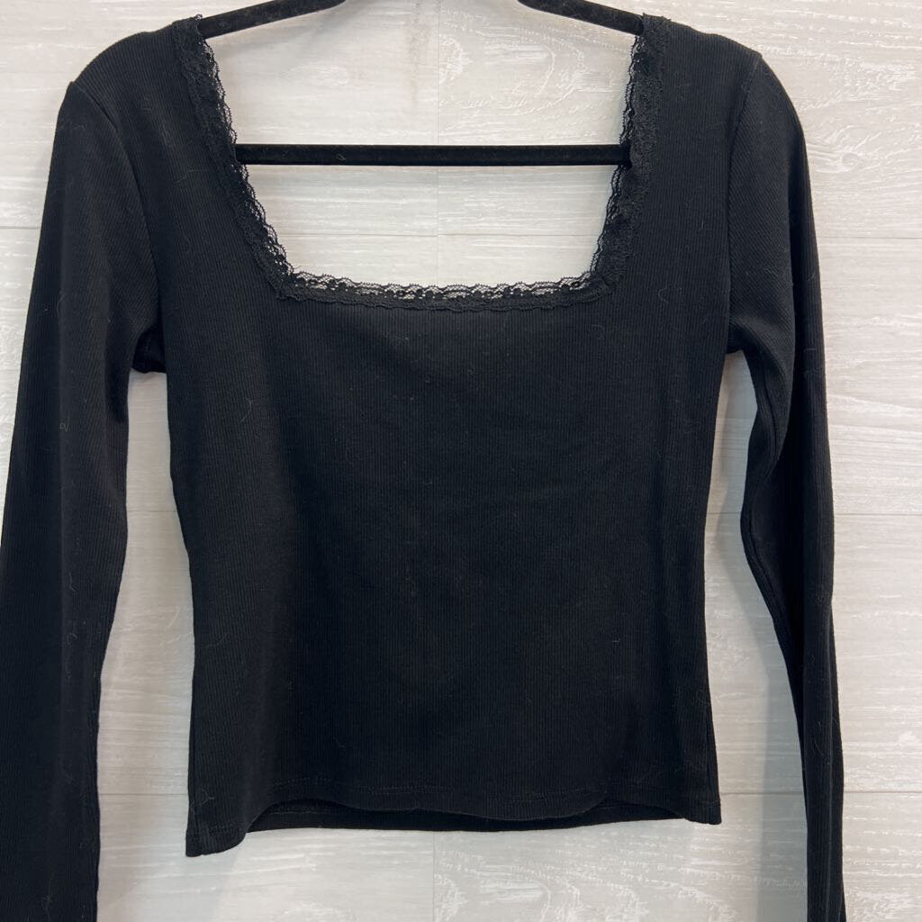 Forever 21 Black Ribbed Cropped Long Sleeve Top Medium
