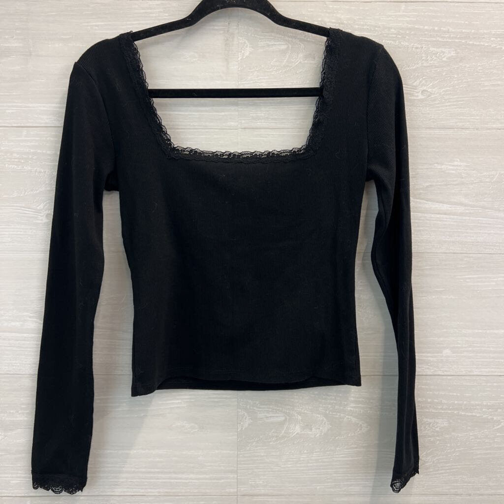 Forever 21 Black Ribbed Cropped Long Sleeve Top Medium