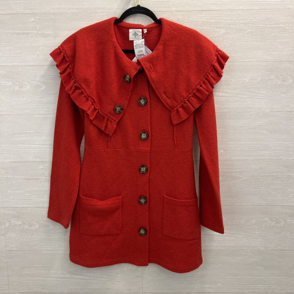 HWR Red Oversized Ruffle Collar Long Jacket Large