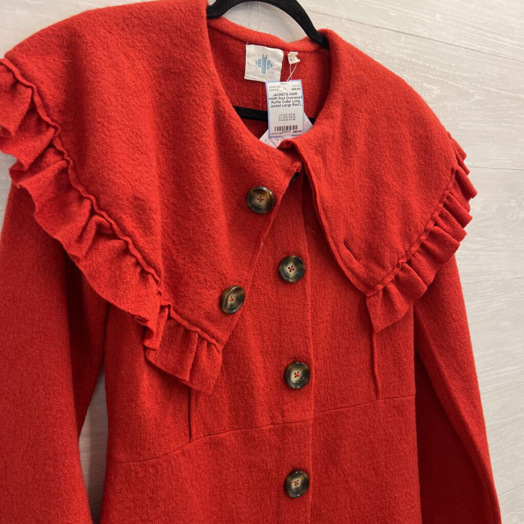 HWR Red Oversized Ruffle Collar Long Jacket Large