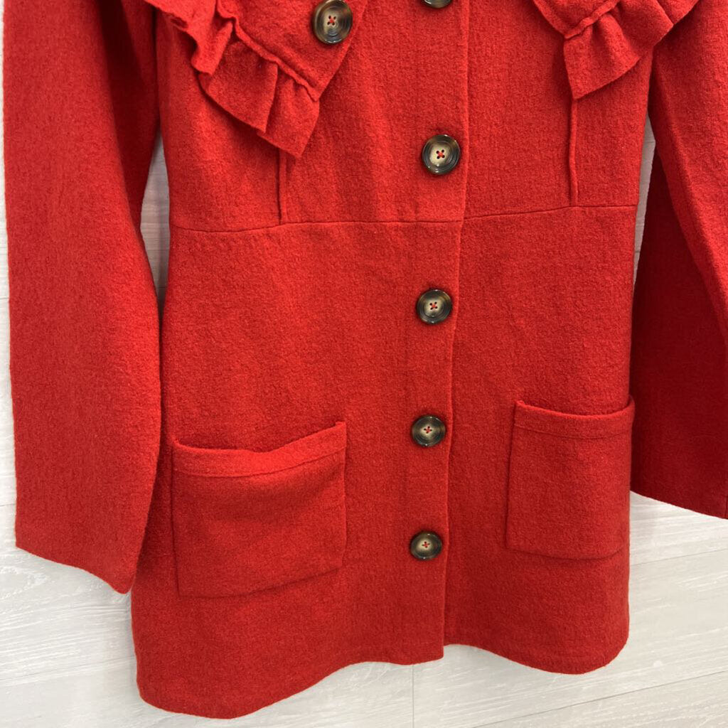 HWR Red Oversized Ruffle Collar Long Jacket Large