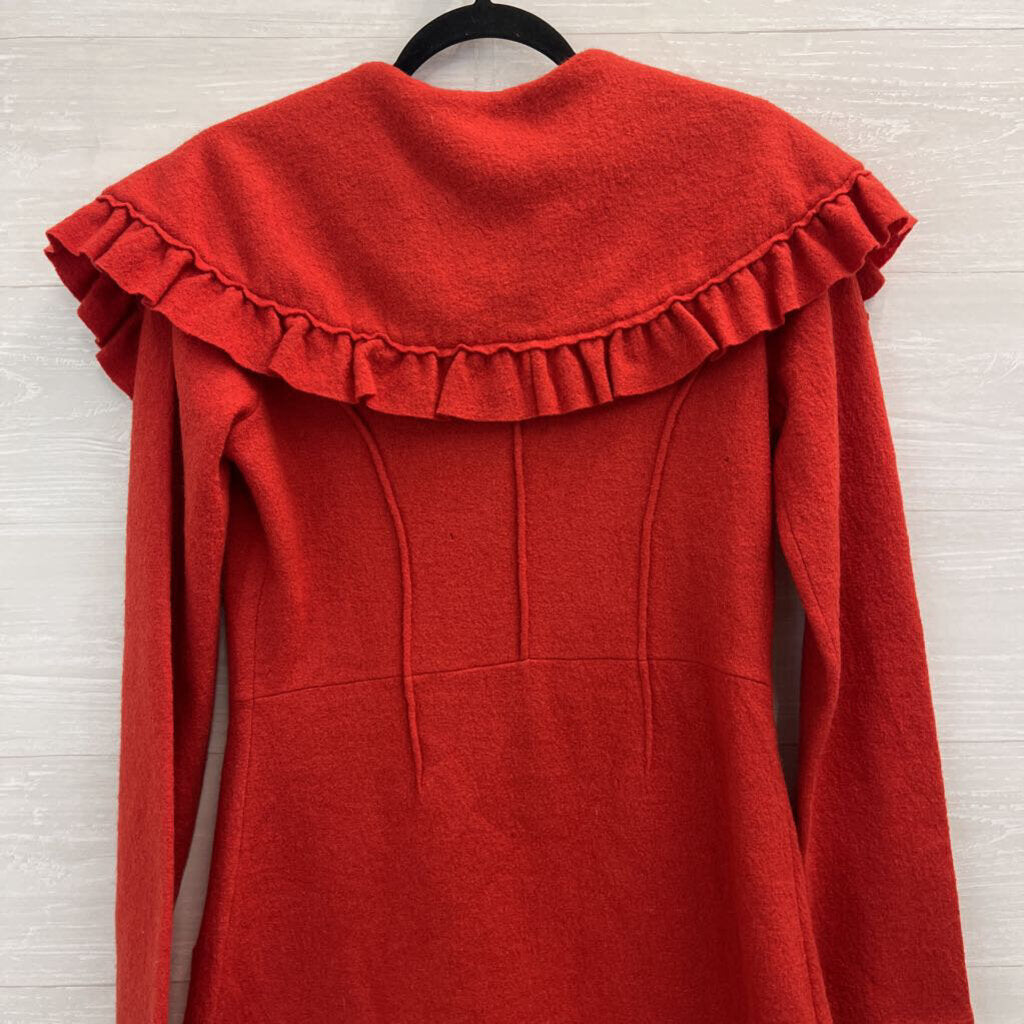 HWR Red Oversized Ruffle Collar Long Jacket Large