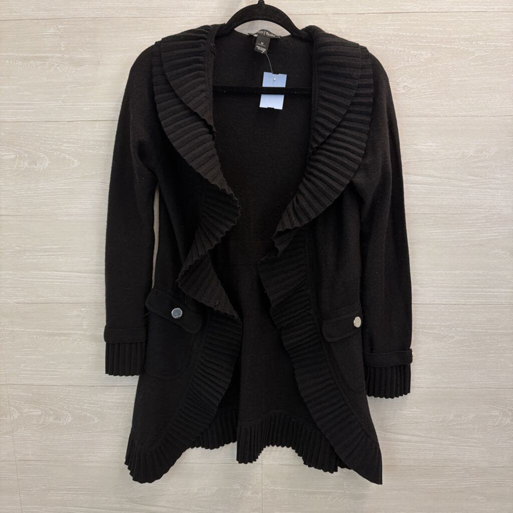 White House Black Market Black Ruffle Edge Open Front Sweater Medium
