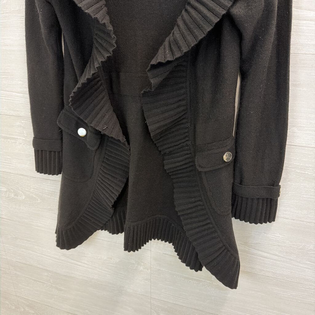 White House Black Market Black Ruffle Edge Open Front Sweater Medium
