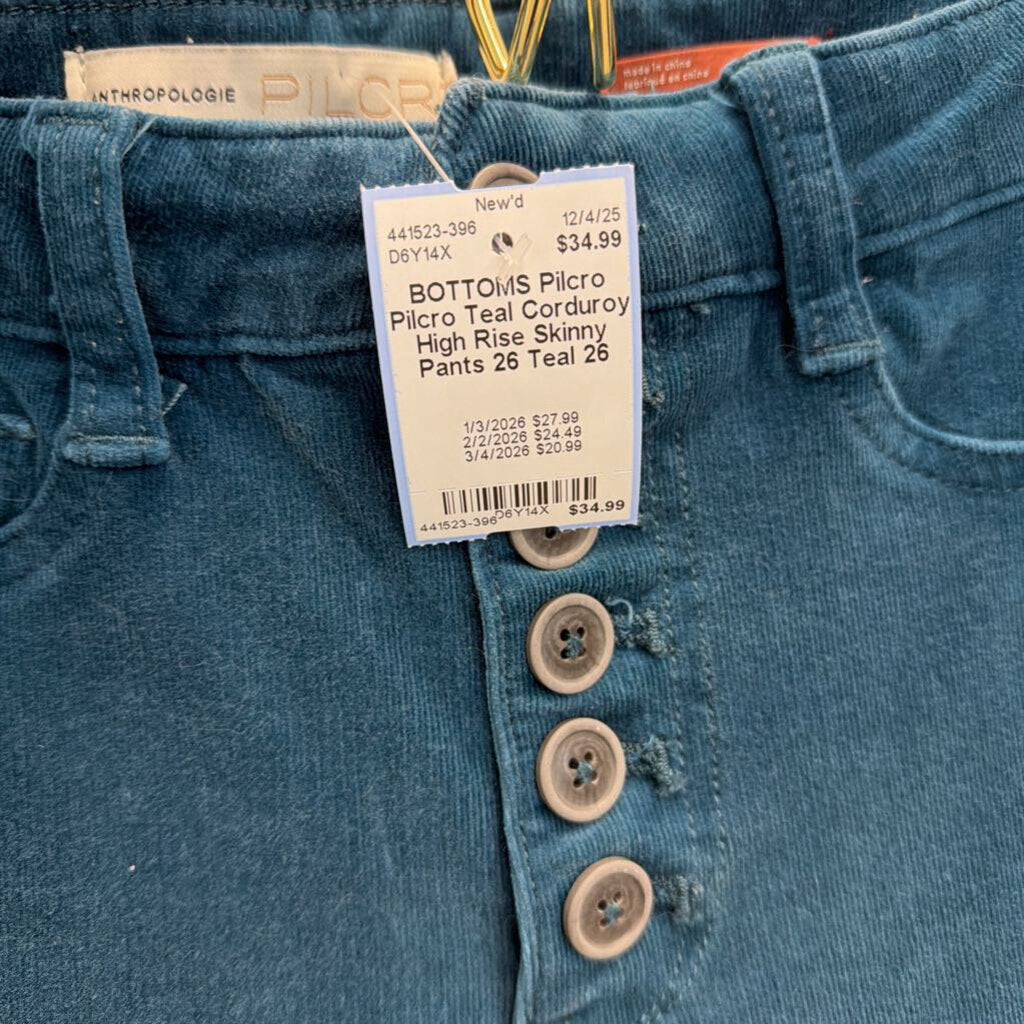 Pilcro Teal Corduroy High Rise Skinny Pants 26
