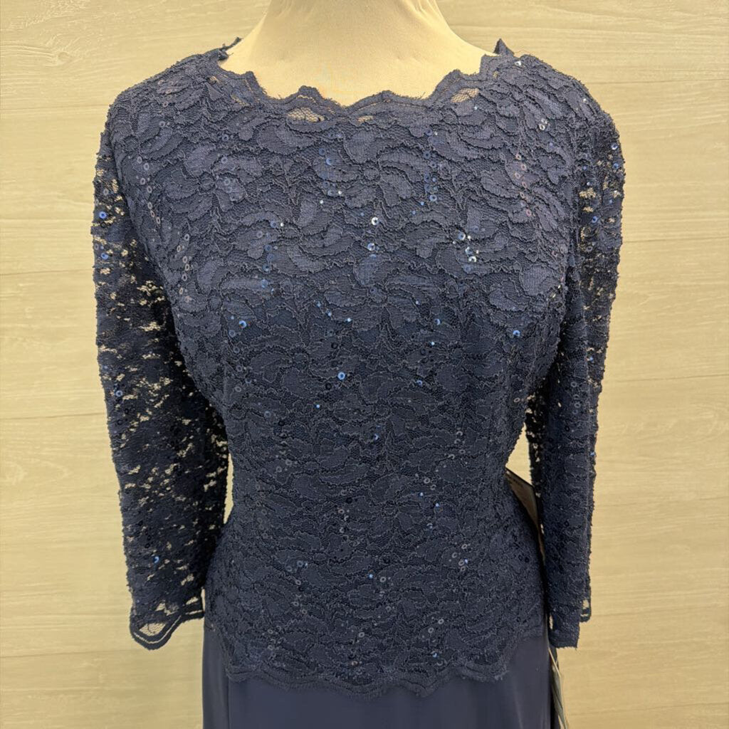 Alex Evenings Navy Lace Long Sleeve Top Mid Length Formal Dress 16