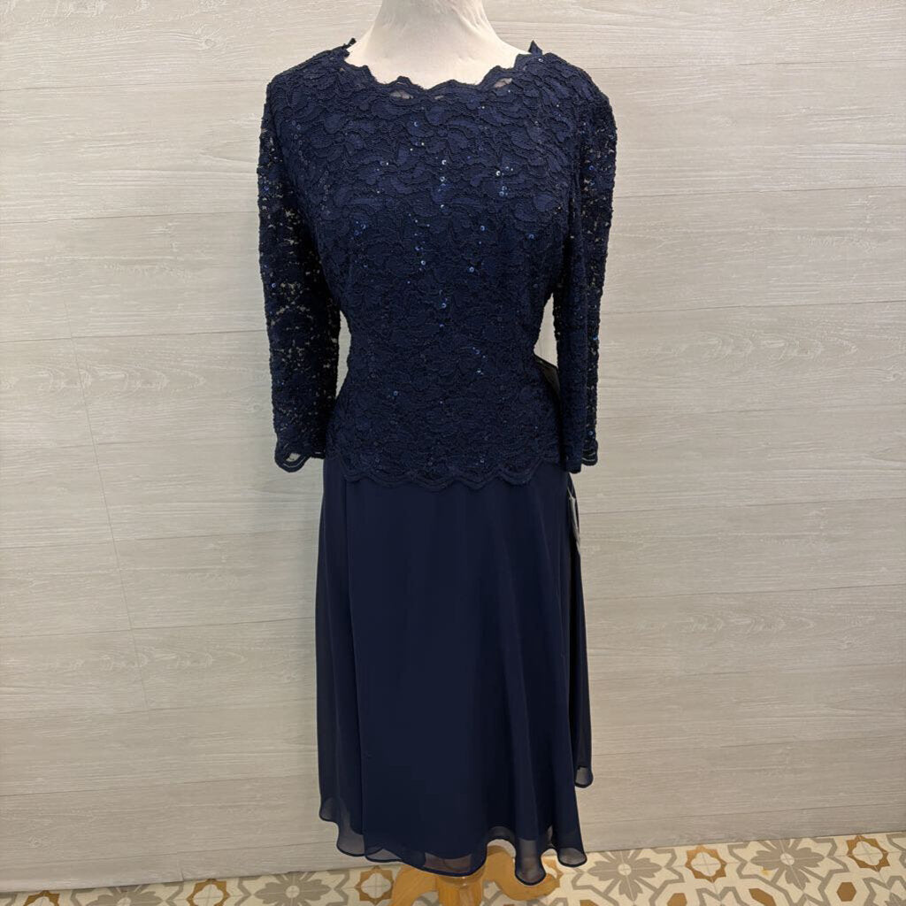 Alex Evenings Navy Lace Long Sleeve Top Mid Length Formal Dress 16