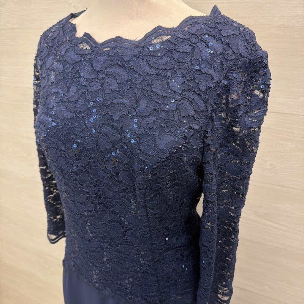 Alex Evenings Navy Lace Long Sleeve Top Mid Length Formal Dress 16