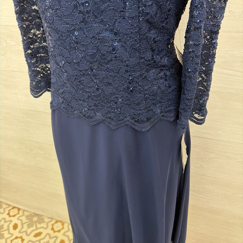 Alex Evenings Navy Lace Long Sleeve Top Mid Length Formal Dress 16