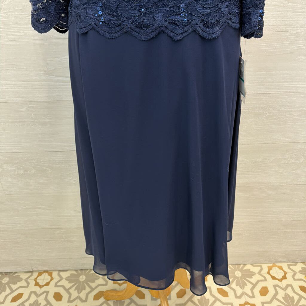 Alex Evenings Navy Lace Long Sleeve Top Mid Length Formal Dress 16