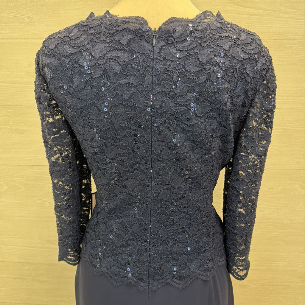 Alex Evenings Navy Lace Long Sleeve Top Mid Length Formal Dress 16