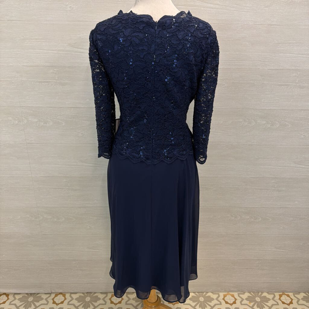 Alex Evenings Navy Lace Long Sleeve Top Mid Length Formal Dress 16
