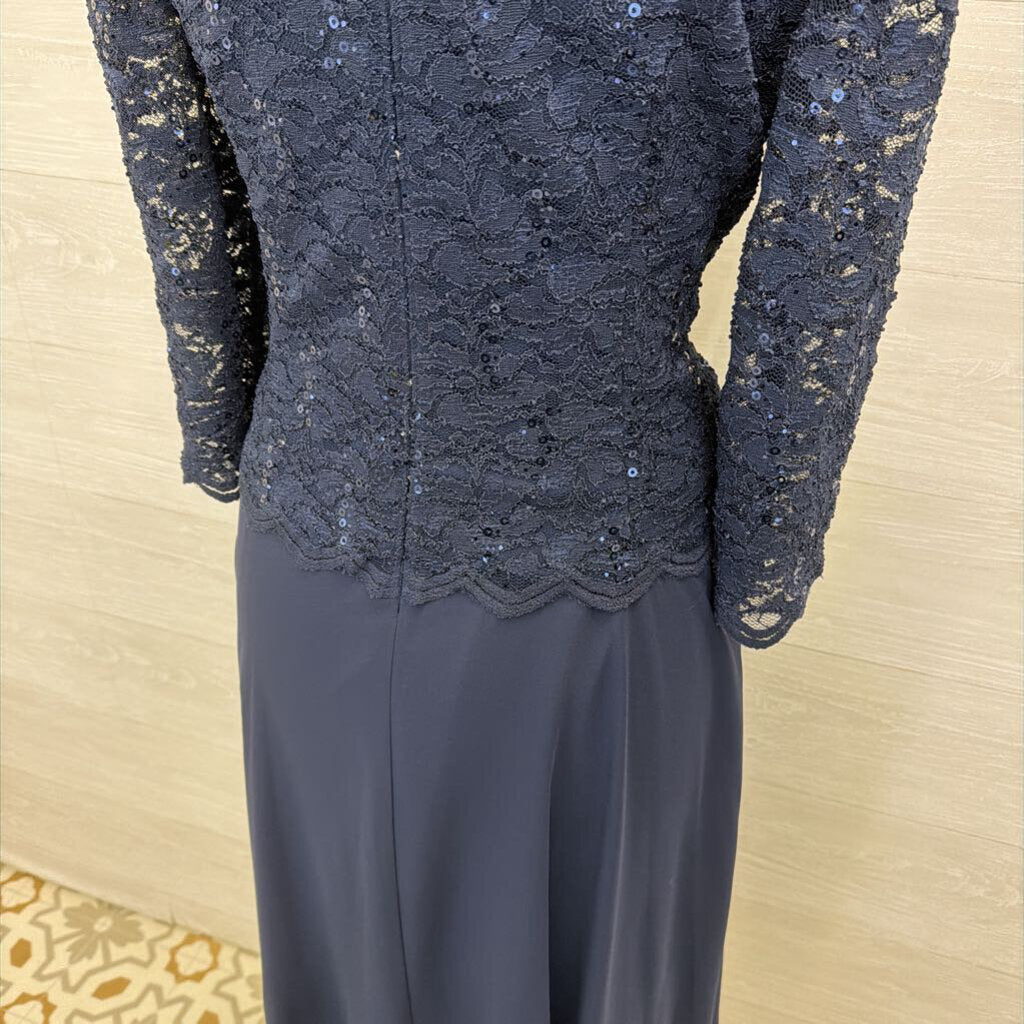 Alex Evenings Navy Lace Long Sleeve Top Mid Length Formal Dress 16