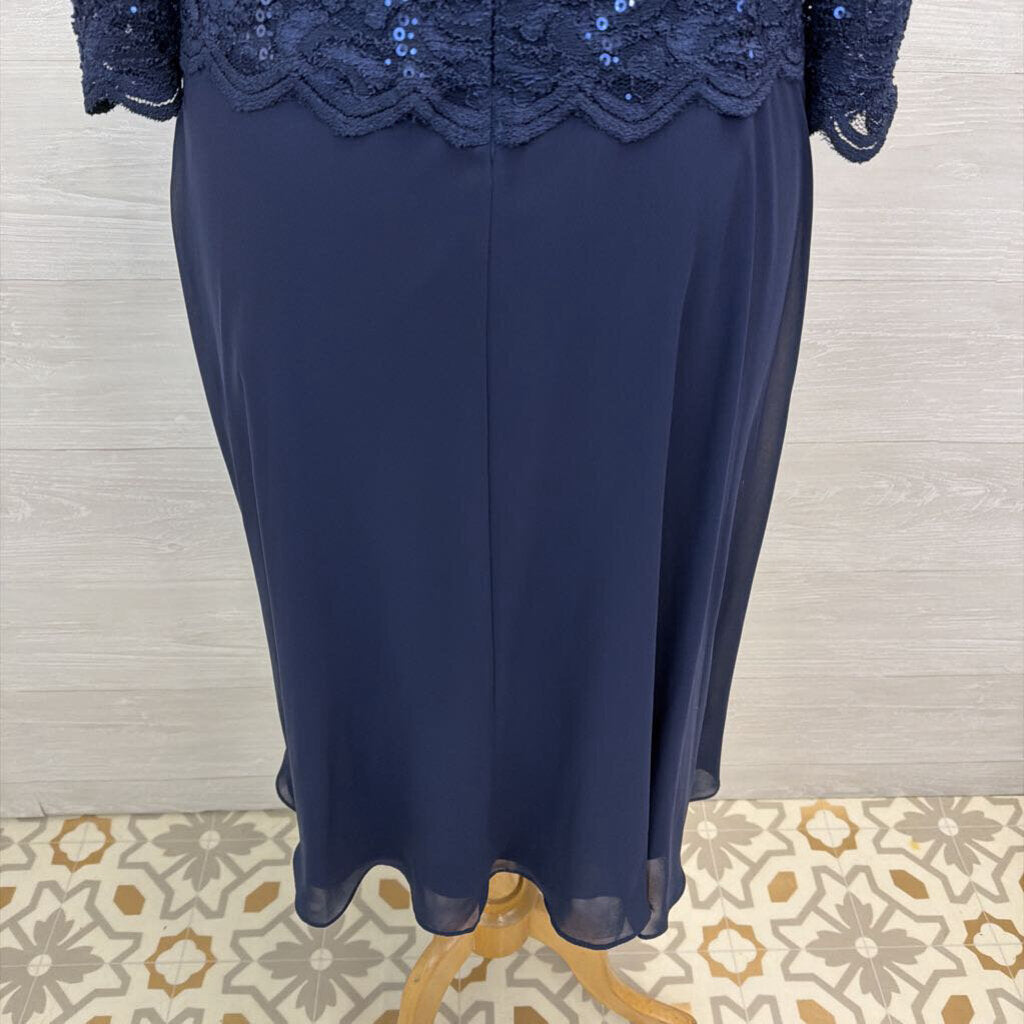 Alex Evenings Navy Lace Long Sleeve Top Mid Length Formal Dress 16