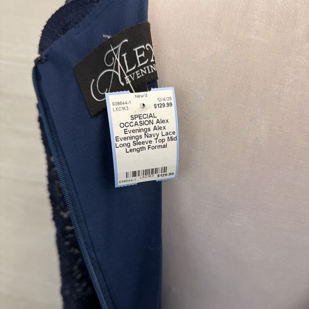 Alex Evenings Navy Lace Long Sleeve Top Mid Length Formal Dress 16