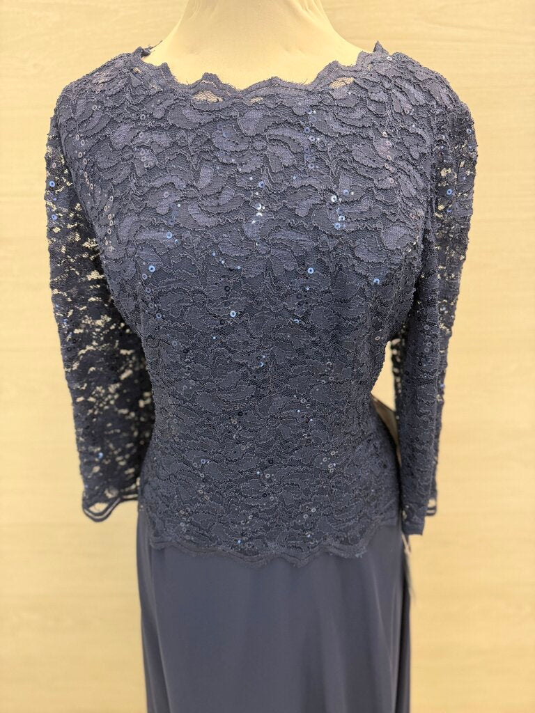 Alex Evenings Navy Lace Long Sleeve Top Mid Length Formal Dress 16