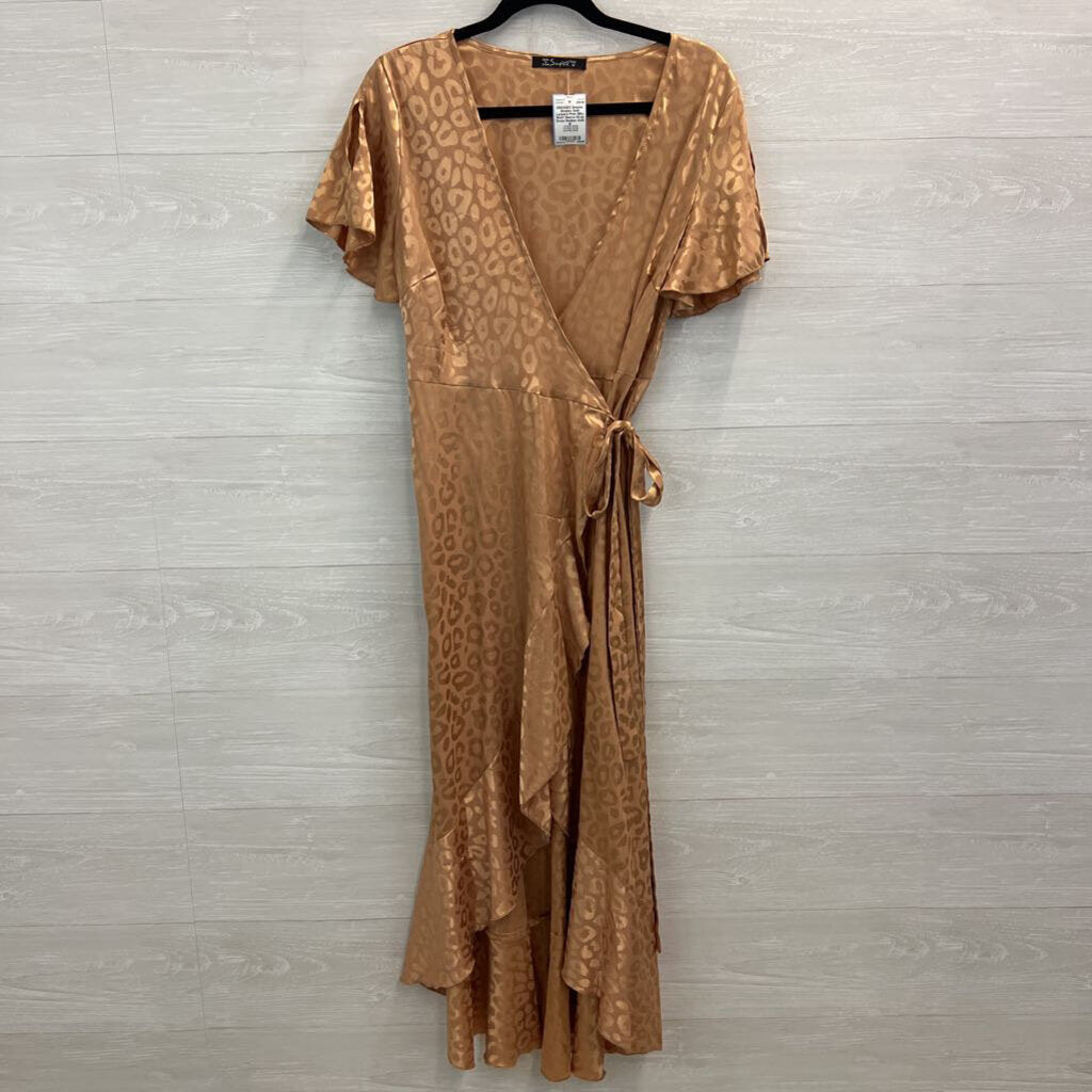 Simplee Gold Leopard Print Silky Short Sleeve Wrap Dress Medium