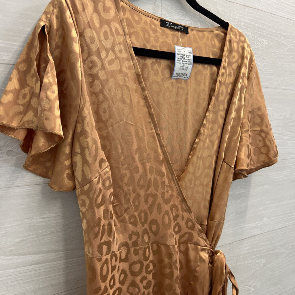 Simplee Gold Leopard Print Silky Short Sleeve Wrap Dress Medium