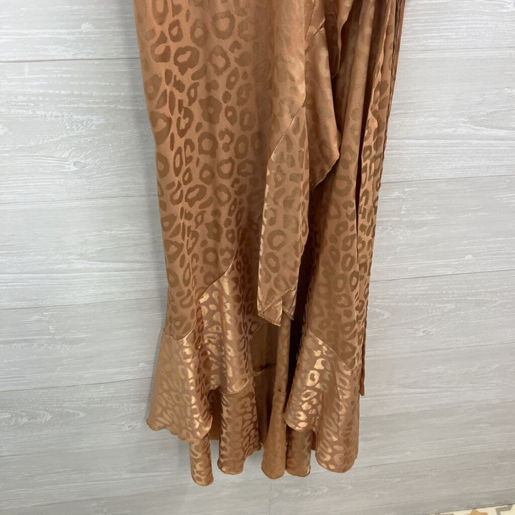 Simplee Gold Leopard Print Silky Short Sleeve Wrap Dress Medium