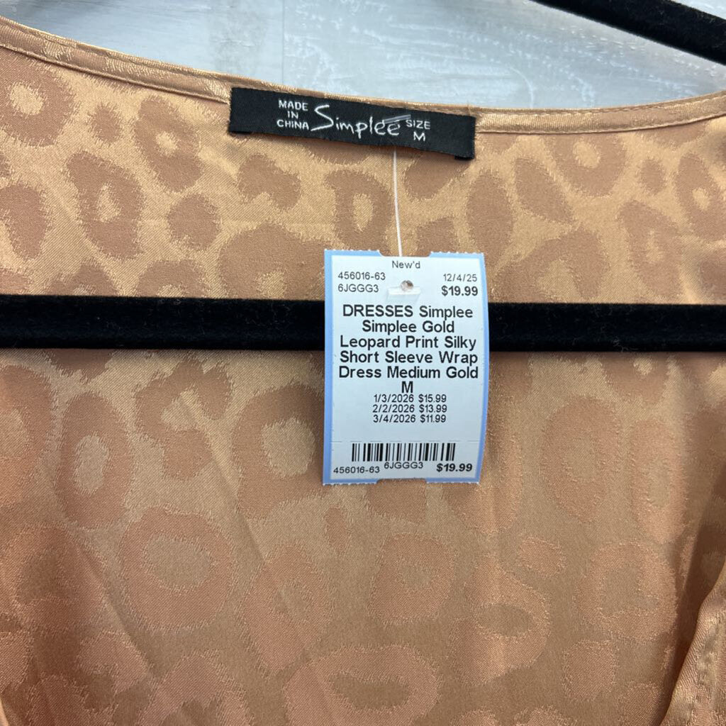 Simplee Gold Leopard Print Silky Short Sleeve Wrap Dress Medium