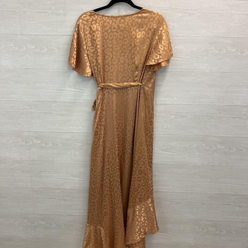 Simplee Gold Leopard Print Silky Short Sleeve Wrap Dress Medium
