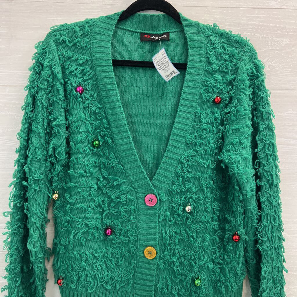 33 Degrees Green Textured Knit Ornament Cardigan Sweater Medium