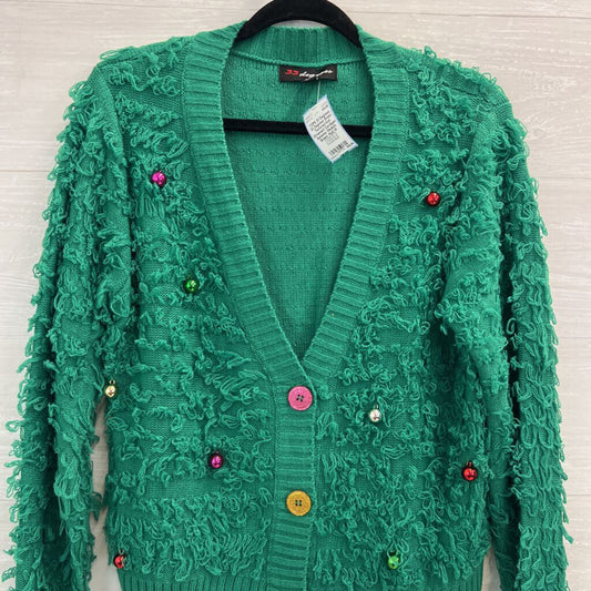 33 Degrees Green Textured Knit Ornament Cardigan Sweater Medium