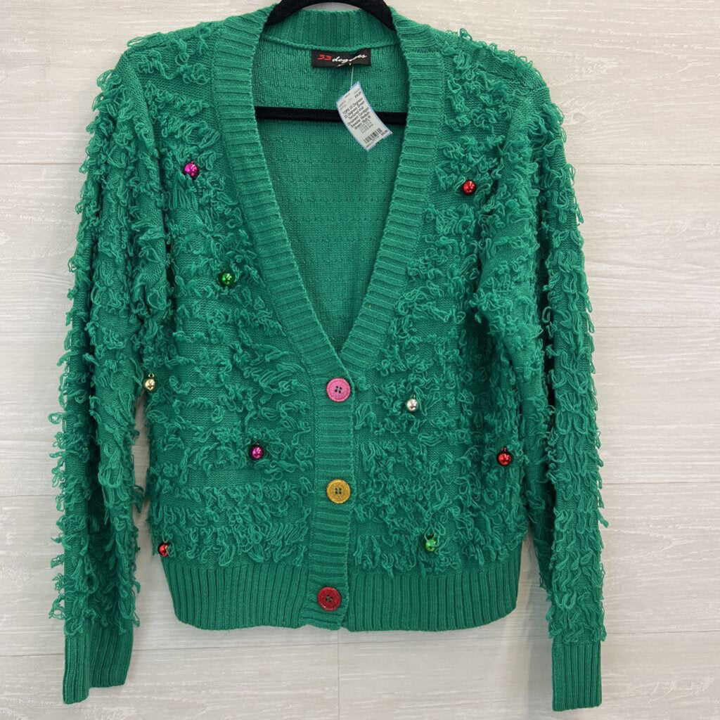 33 Degrees Green Textured Knit Ornament Cardigan Sweater Medium