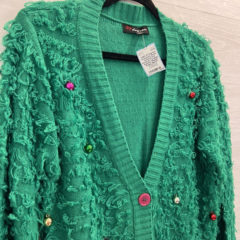 33 Degrees Green Textured Knit Ornament Cardigan Sweater Medium