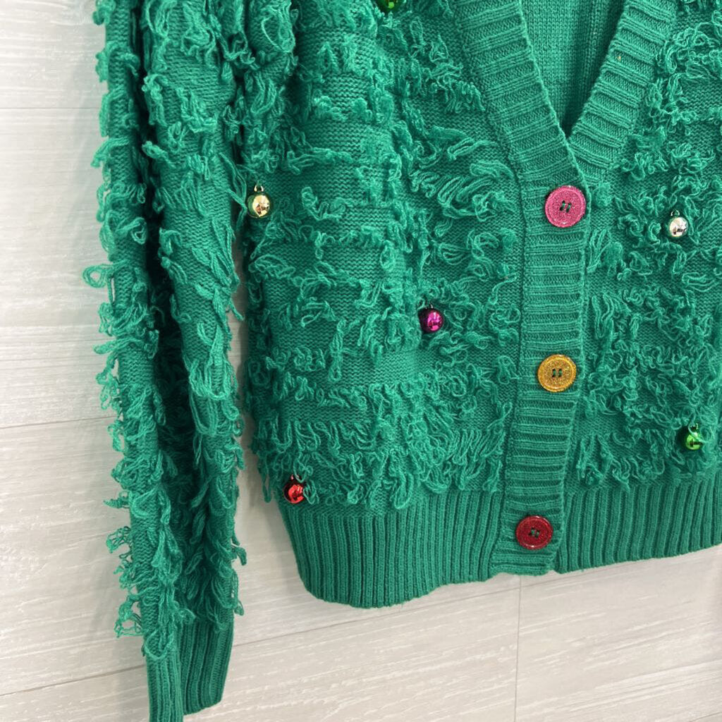 33 Degrees Green Textured Knit Ornament Cardigan Sweater Medium