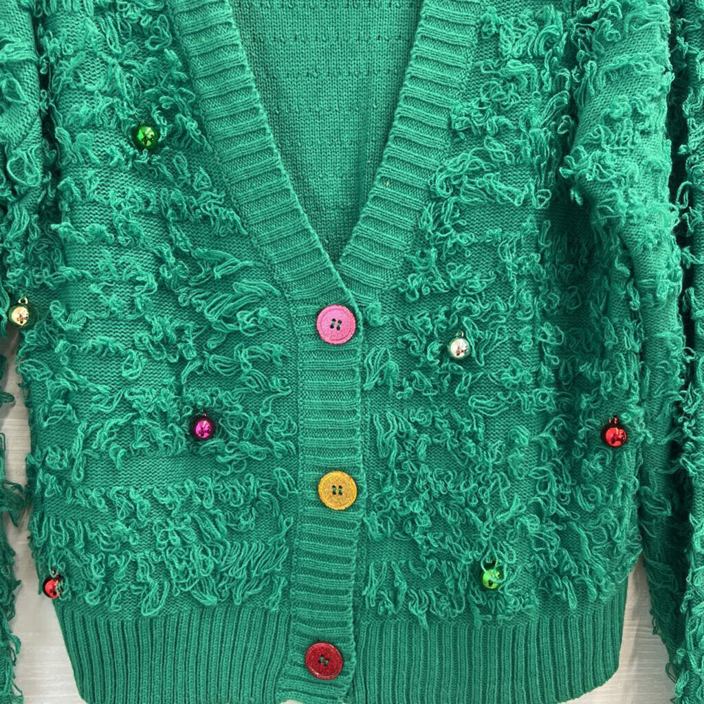 33 Degrees Green Textured Knit Ornament Cardigan Sweater Medium