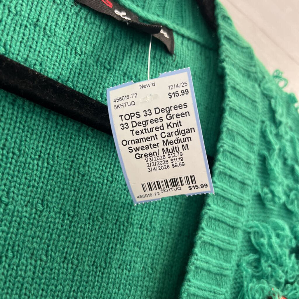 33 Degrees Green Textured Knit Ornament Cardigan Sweater Medium