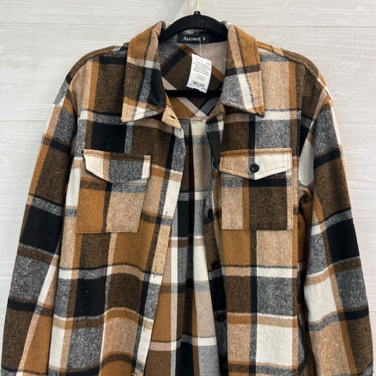 Brown/ Cream Plaid Button Down Shacket Medium