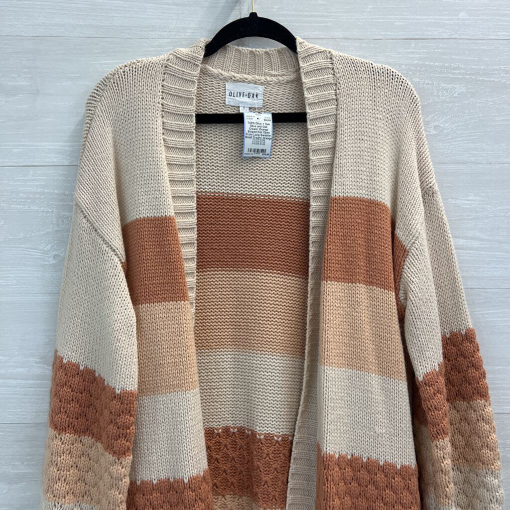 Olive and Oak Cream/ Orange Striped Knit Open Front Long Sweater Small