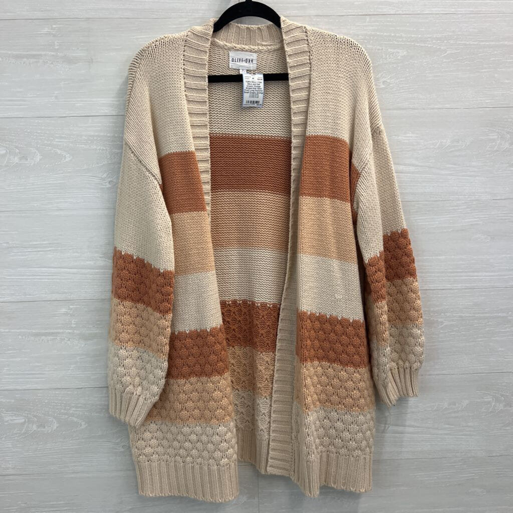 Olive and Oak Cream/ Orange Striped Knit Open Front Long Sweater Small