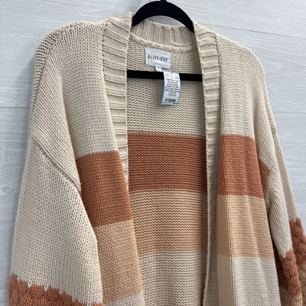 Olive and Oak Cream/ Orange Striped Knit Open Front Long Sweater Small