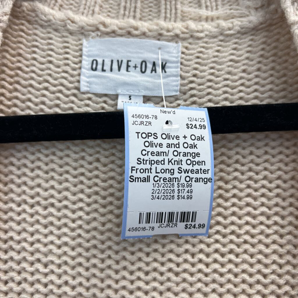 Olive and Oak Cream/ Orange Striped Knit Open Front Long Sweater Small