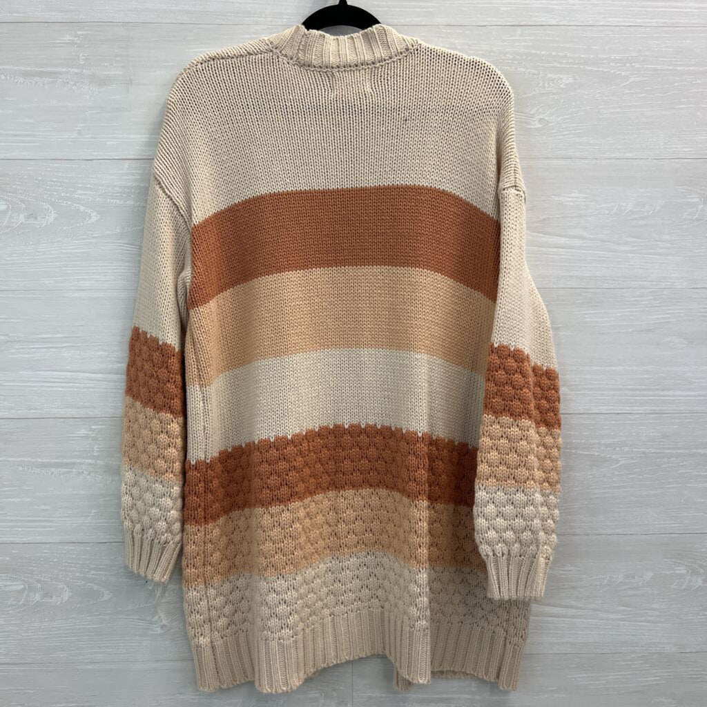 Olive and Oak Cream/ Orange Striped Knit Open Front Long Sweater Small