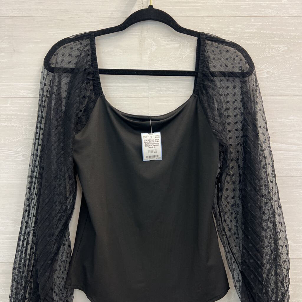 Black Sheer Polka Dot Long Sleeve Bodysuit Medium