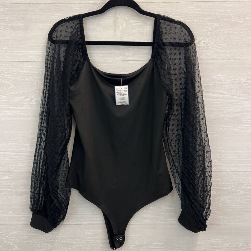 Black Sheer Polka Dot Long Sleeve Bodysuit Medium