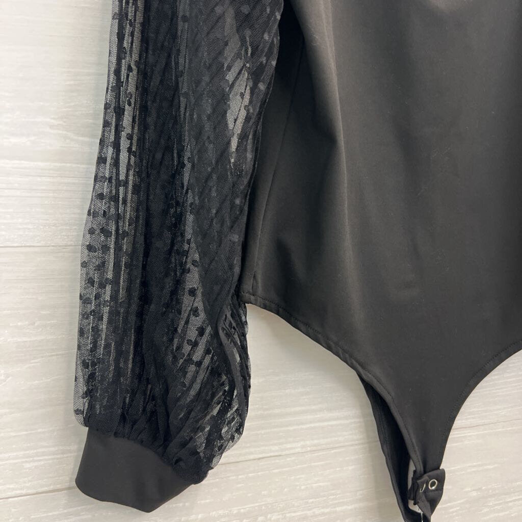 Black Sheer Polka Dot Long Sleeve Bodysuit Medium