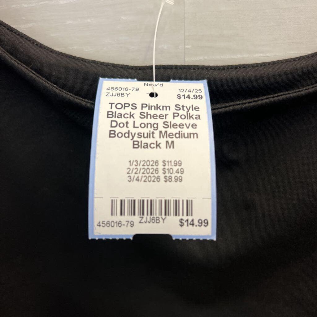 Black Sheer Polka Dot Long Sleeve Bodysuit Medium