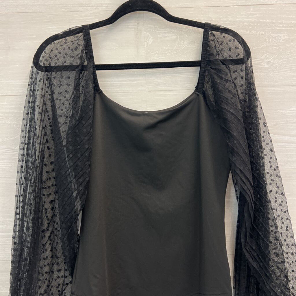 Black Sheer Polka Dot Long Sleeve Bodysuit Medium