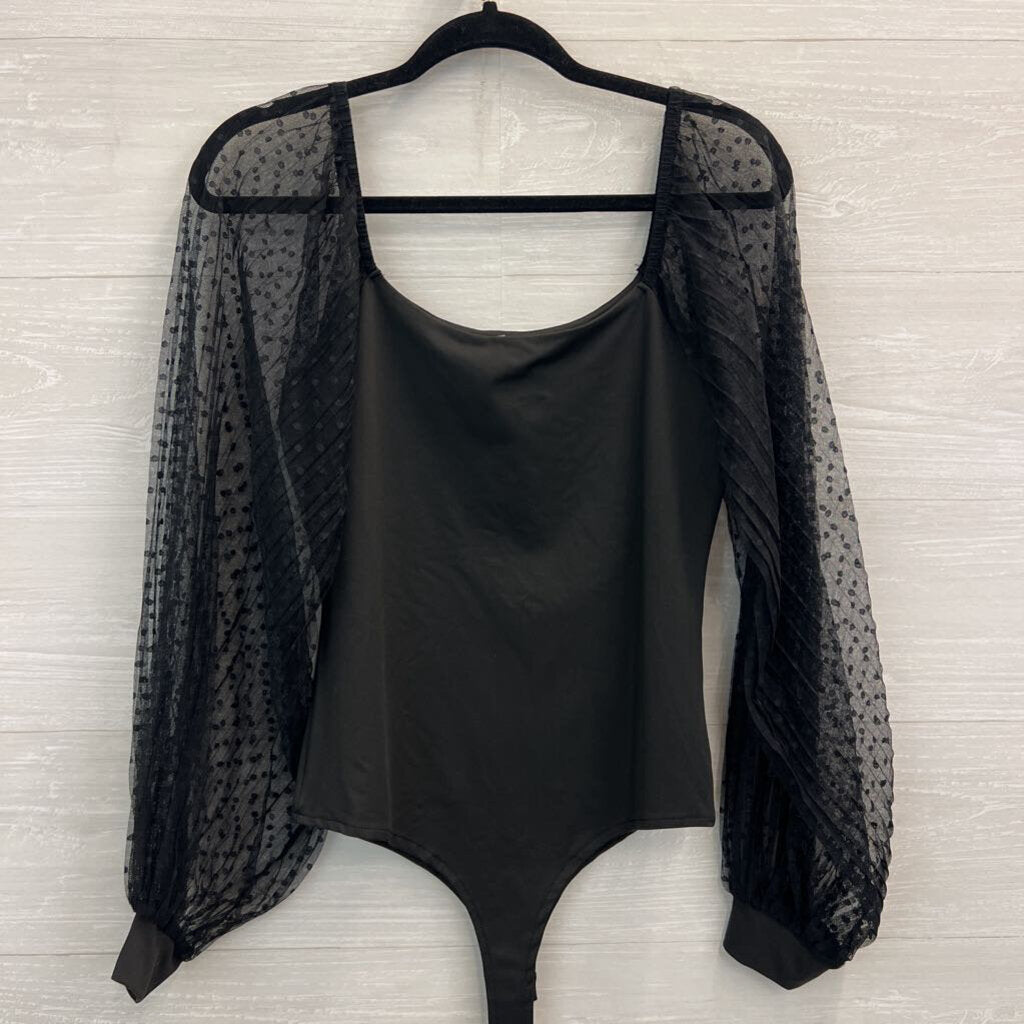 Black Sheer Polka Dot Long Sleeve Bodysuit Medium