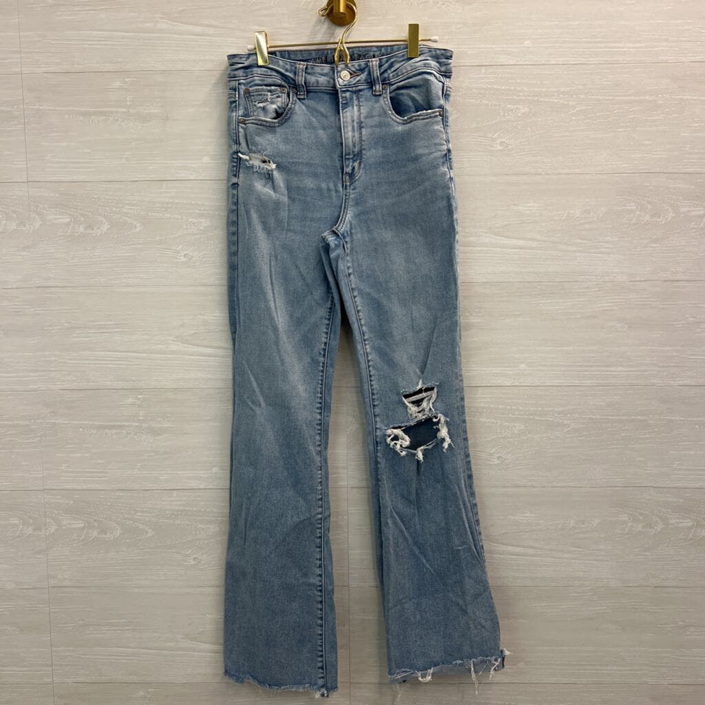 American Eagle Light Wash Distressed Super High Rise Flare Jeans 8