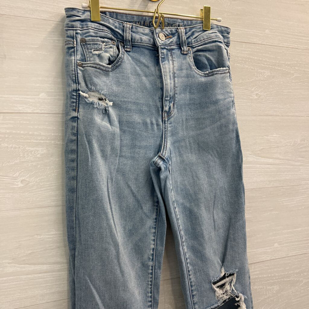 American Eagle Light Wash Distressed Super High Rise Flare Jeans 8
